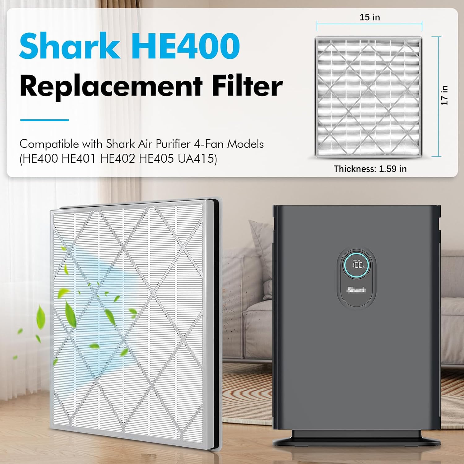 1 Pack HE401 Filter Replacement for Shark Air Purifier 4, HE401 HE402 HE405 HE400 Filter with Pre-Filter, Activated Carbon Filter and H13 True HEPA Filter