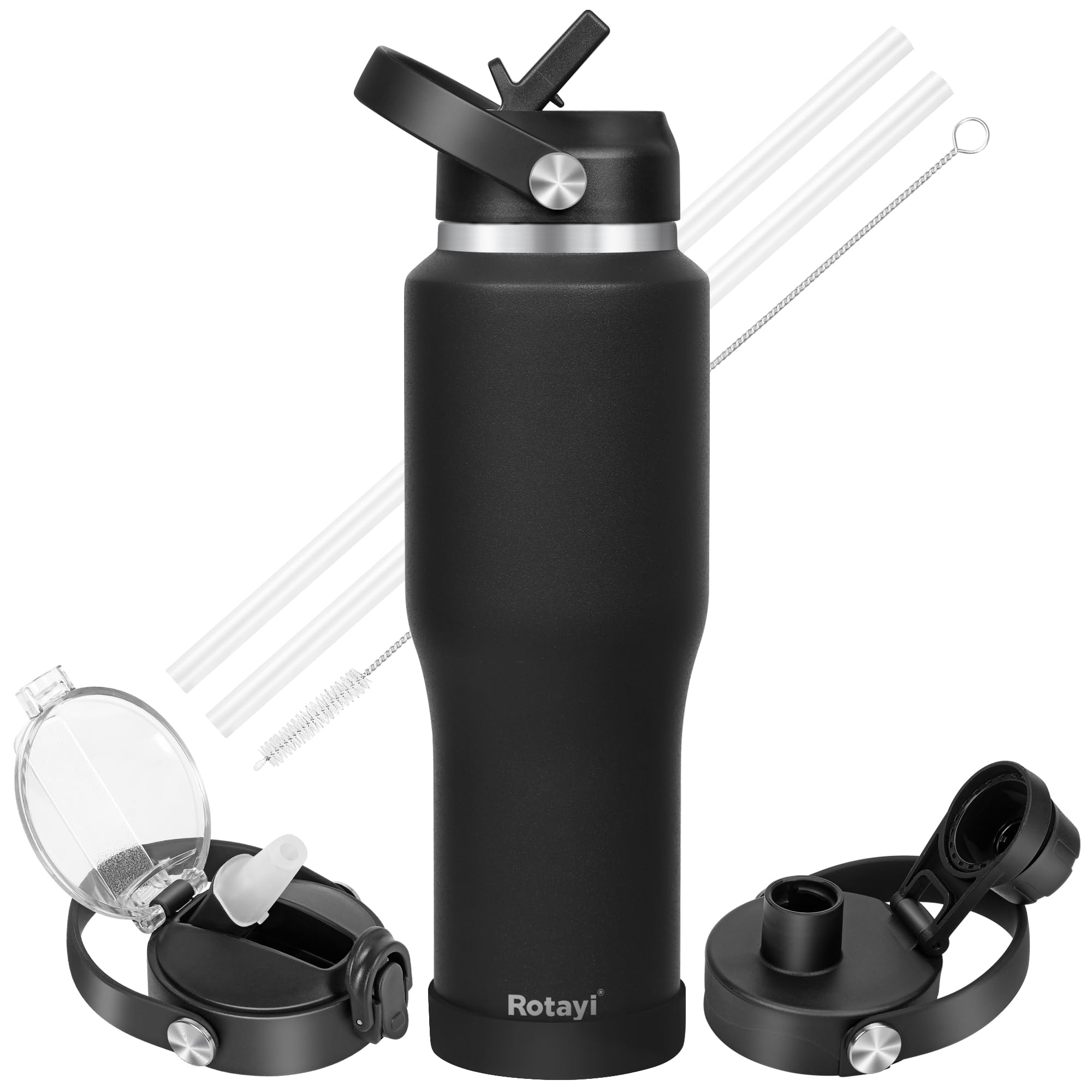 Rotayi 32 oz Water Bottle, Fits in Any Car Cup Holders - Stainless Steel Triple Wall Vacuum Insulated Water Bottles Flask with Straw & Spout Lid(Cold for 48 Hrs, Hot for 24 Hrs)