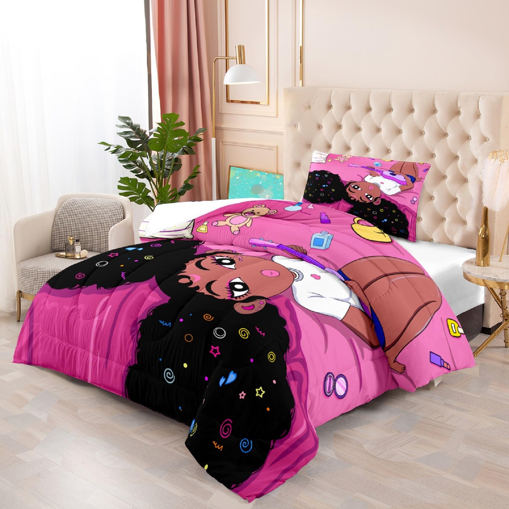 Jiospet Black Girl Magic Comforter Twin Set - African American Girls Twin Comforter Sets Black Girls Twin Bedding Sets for Bedroom Decor Pink Kids Twin Comforter, 1 Comforter+1 Pillowcase