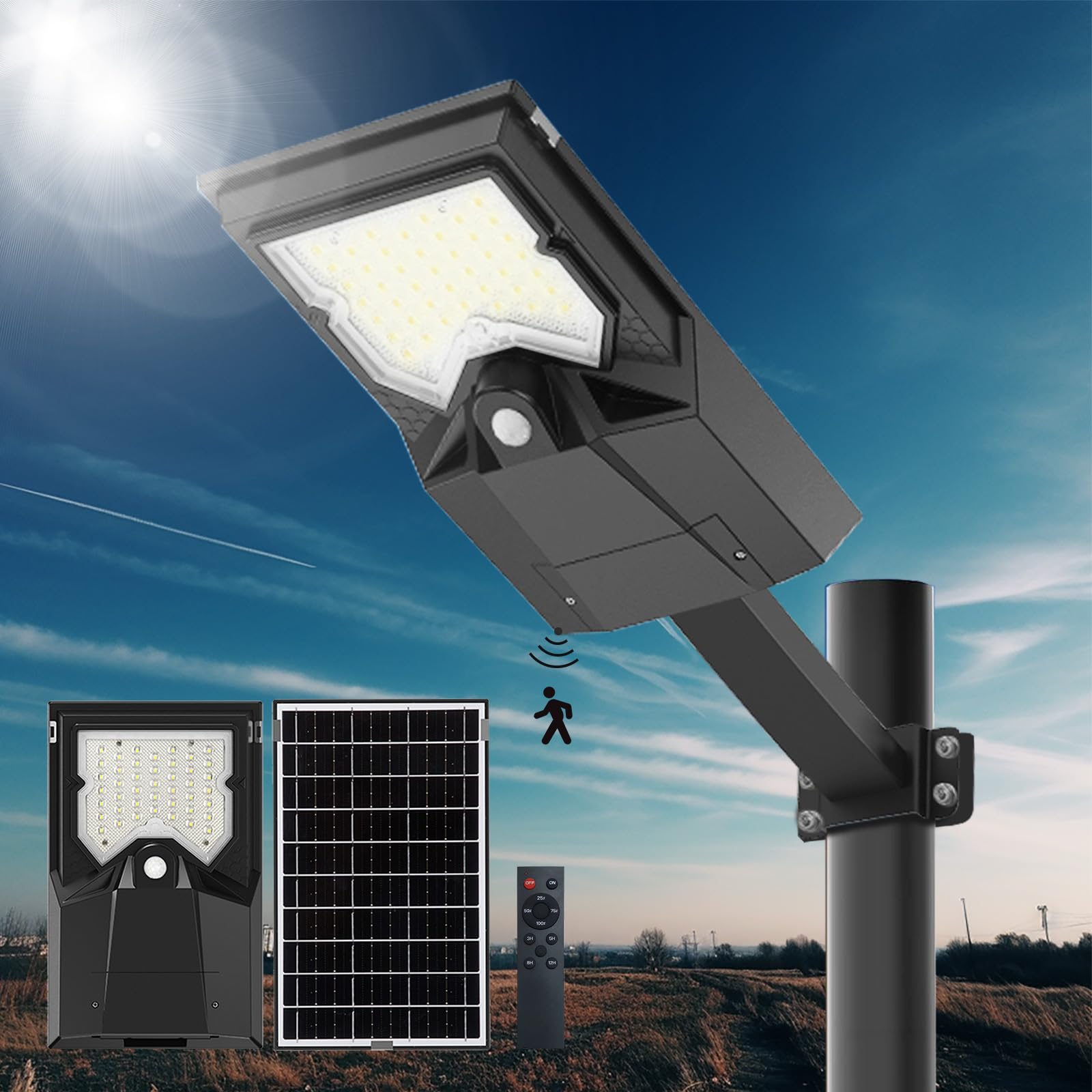 Satucol Solar Street Light 1800W 6500K,Solar Motion Sensor Light Outdoor with Remote Control Dusk to Dawn, Solar Flood Lights Outdoor Waterproof IP65 for Parking Lot Yard (1600LM-1PACK)