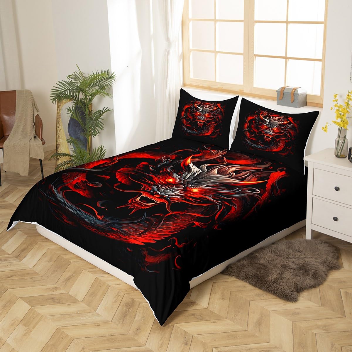 Red Black Dragon Duvet Cover Set Queen Size,Glowing Flame Dragon Bedding Set 3Pcs for Kids Boys Men Adult Bedroom Decor,Wild Animals Comforter Cover Cool Magical Style Quilt Cover,2 Pillowcases