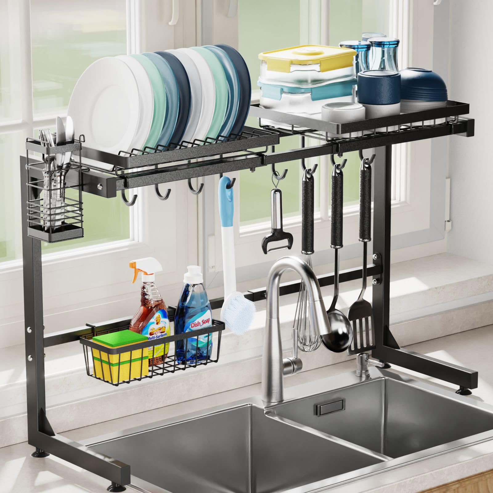 GSlife Over The Sink Dish Drying Rack - Adjustable (26.3"-35") Dish Rack Over Sink with Upper Dual Bars, 3 Baskets, Hooks, Cutlury Holder, Large Dish Drainer Drying Rack for Kitchen Sink, Black