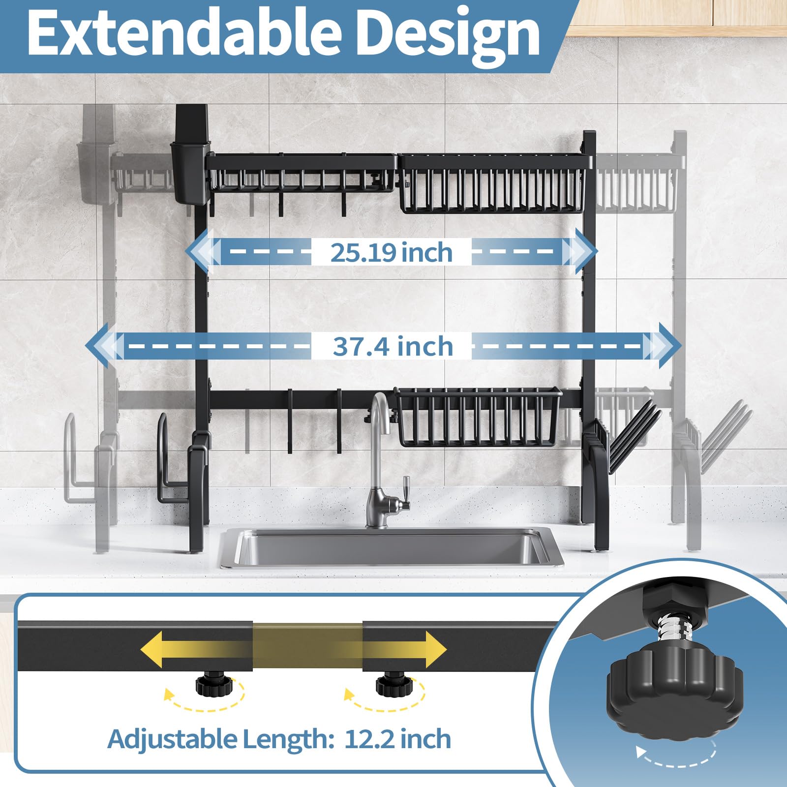 Urackify Over The Sink Dish Drainer Drying Rack, Adjustable (25.19"-37.4") Over Sink Dish Drying Rack, Extra Large Extendable Dish Rack Above Kitchen Sink, 2 Tier Dish Strainer with Storage Basket