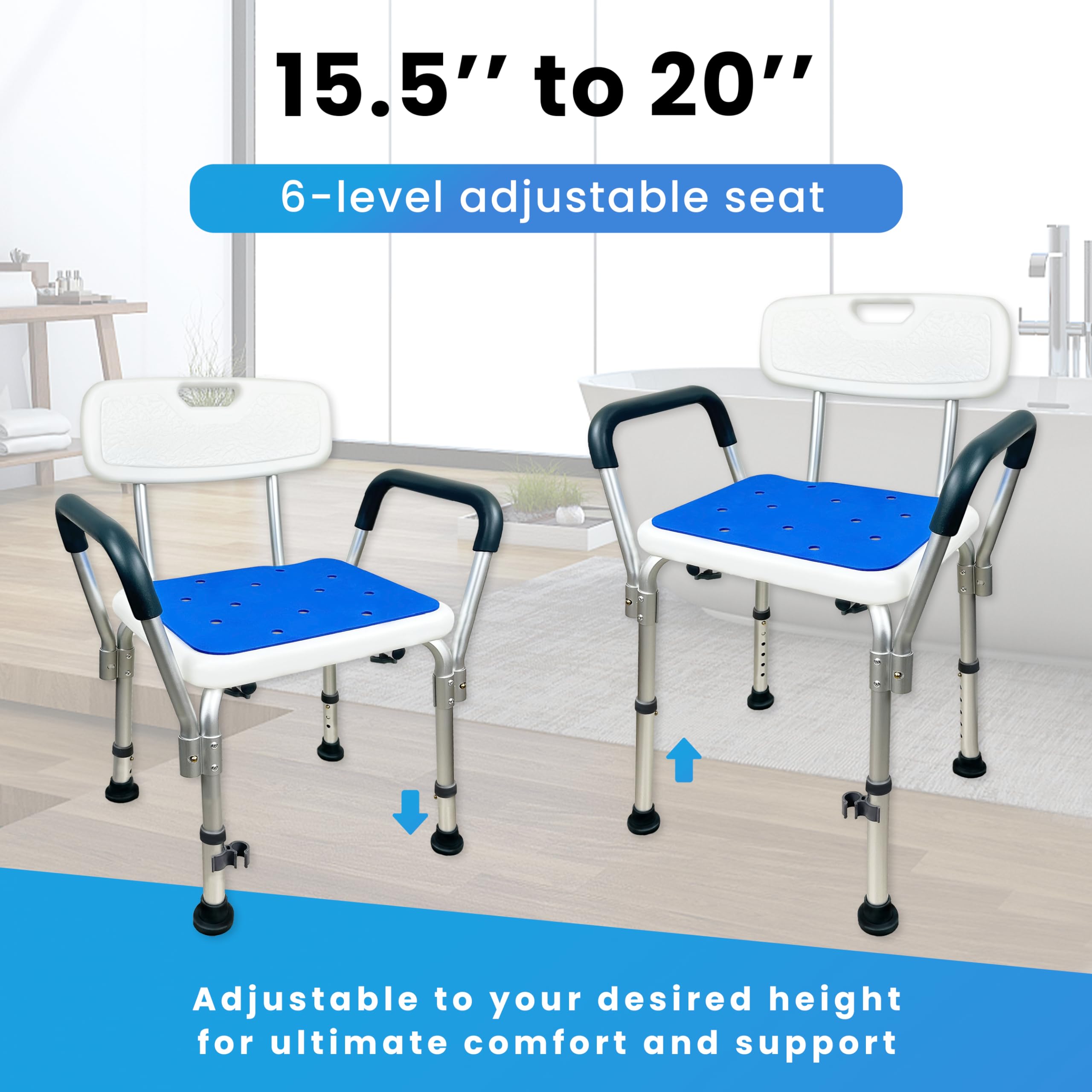 Shower Chair for Inside Shower Seat with Adjustable Height Padded Armrests Shower Chair for Elderly and Disabled Slip Resistant Seat Heavy Duty 300 lb Capacity