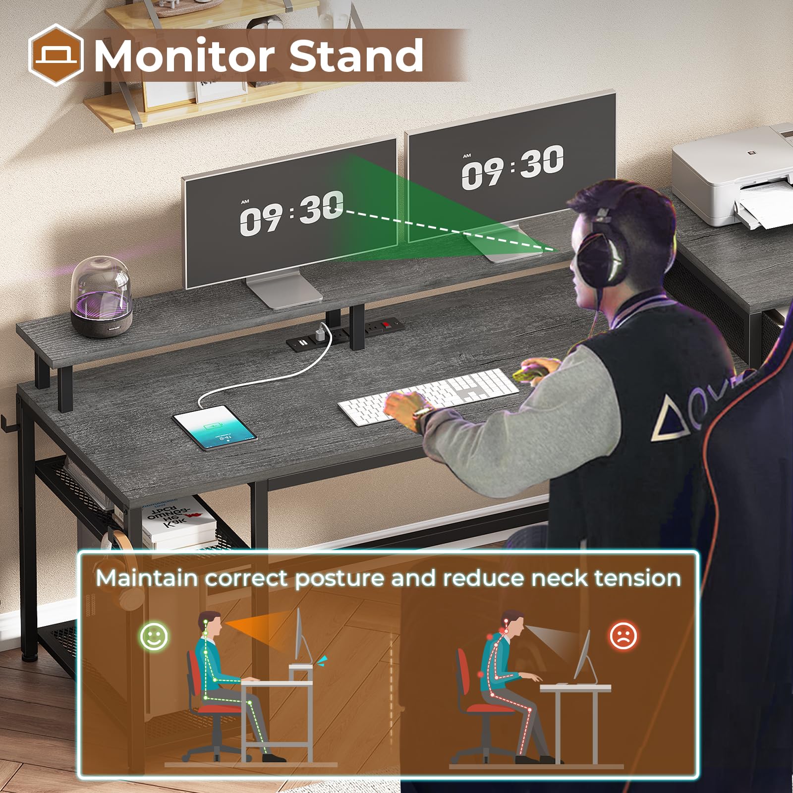 SEDETA 59" Office Desk with Drawers, Reversible Computer Desk with File Drawers & Storage, Gaming Desk with LED Lights & Power Outlet, Home Office Desks for Printer, Grey