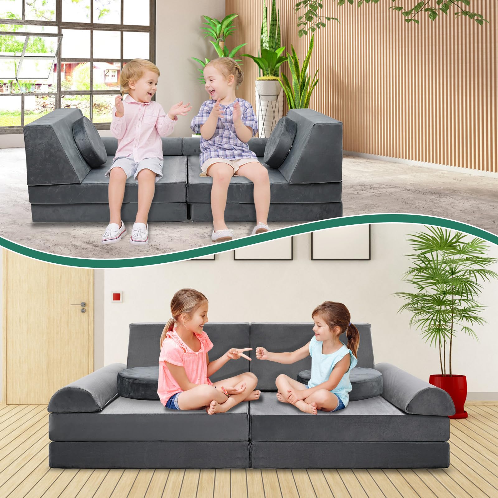 DoCred Kids Couch Play Set, 10PCS Modular Kids Sofa Couch, Kids Fort Couch Bedroom and Playroom Furniture for Toddlers, Convertible Foam Floor Cushion, Grey