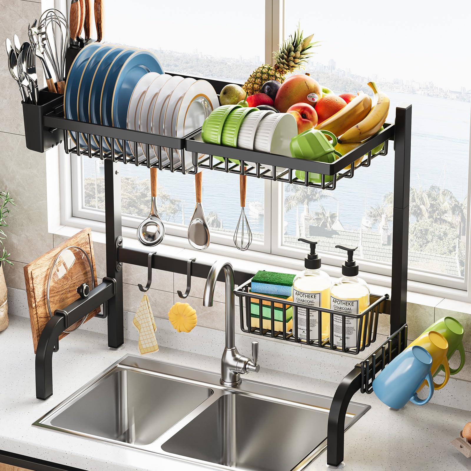 Urackify Over The Sink Dish Drainer Drying Rack, Adjustable (25.19"-37.4") Over Sink Dish Drying Rack, Extra Large Extendable Dish Rack Above Kitchen Sink, 2 Tier Dish Strainer with Storage Basket