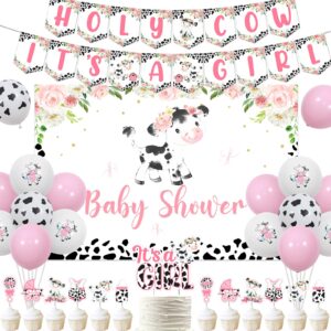 pink cow baby shower decorations - pink cow baby shower backdrop, holy cow it’s a girl banner, cow theme cake cupcake toppers, cow print balloons for farm animal cow themed baby shower decorations