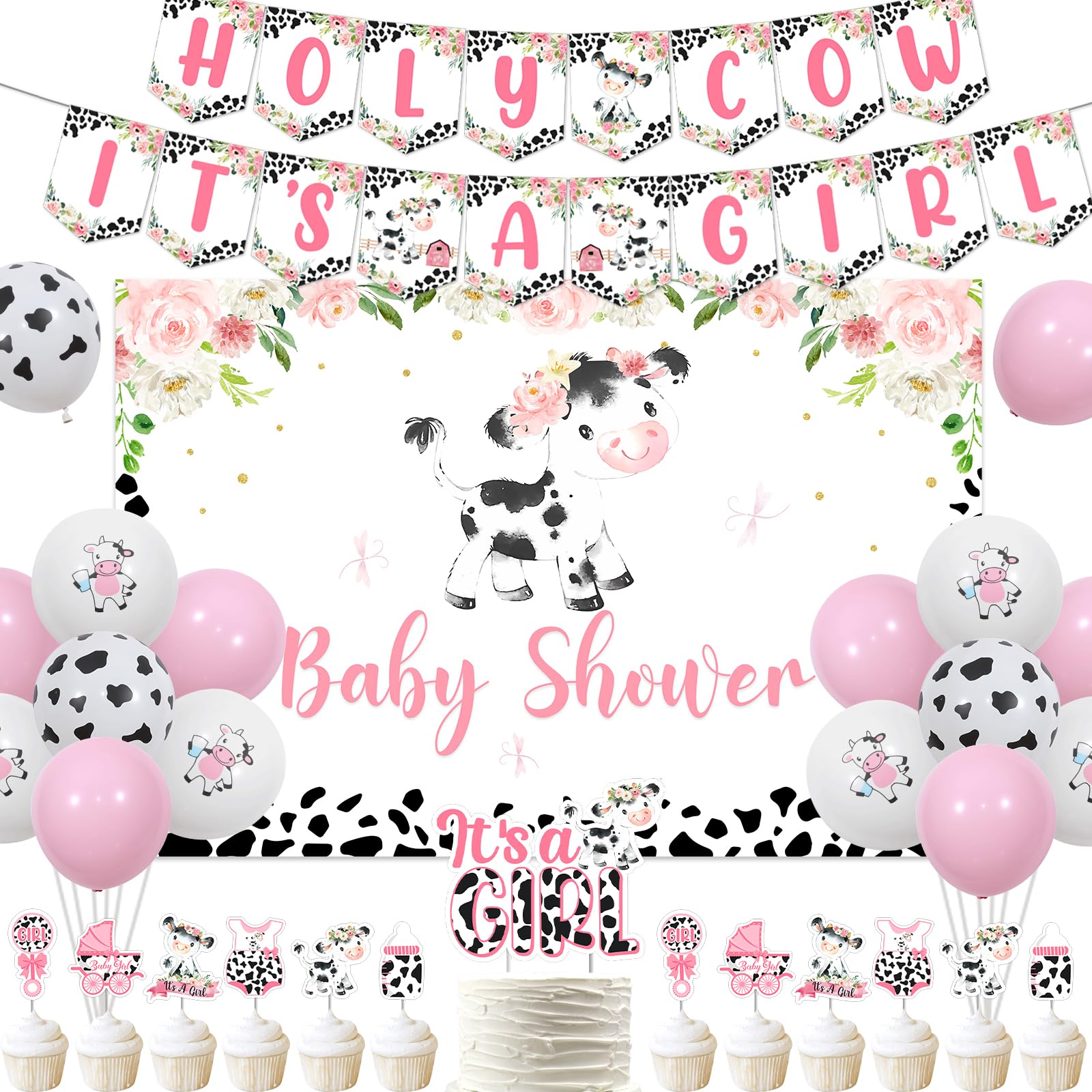 Pink Cow Baby Shower Decorations - Pink Cow Baby Shower Backdrop, Holy Cow It’s a Girl Banner, Cow Theme Cake Cupcake Toppers, Cow Print Balloons for Farm Animal Cow Themed Baby Shower Decorations