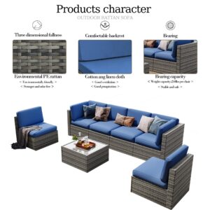 UIXE Outdoor Patio Furniture Sets with Propane Fire Pit Table, 8 Pieces Wicker Patio Sectional Sofa Lounge Couch Seating PE Rattan Conversation Set Includes 45" Gas Fire Table, Navy Blue