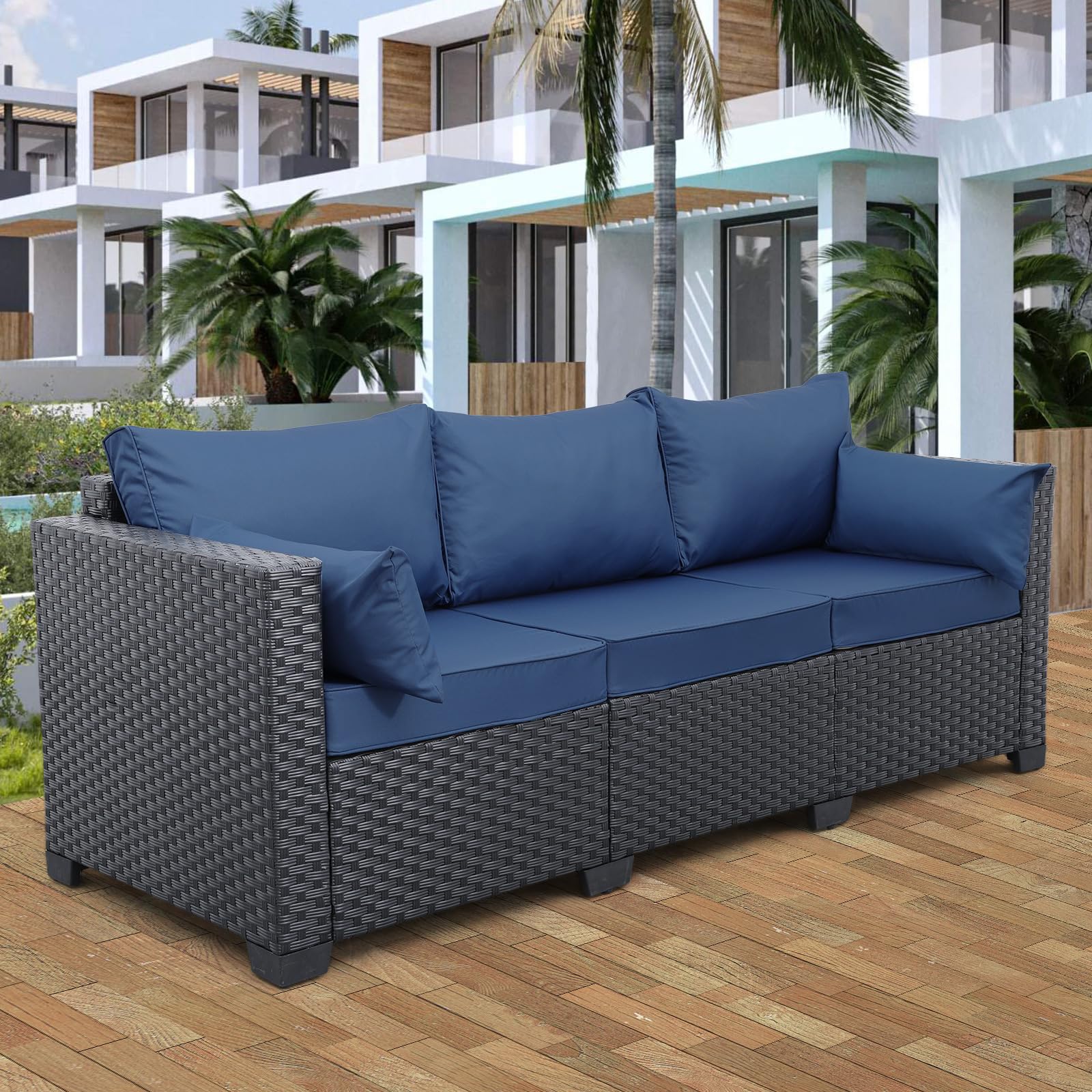 Valita 3-Seat Outdoor Rattan Sofa Patio Couch Black PE Wicker Loveseat Seating Furniture with Washable Navy Blue Cushions