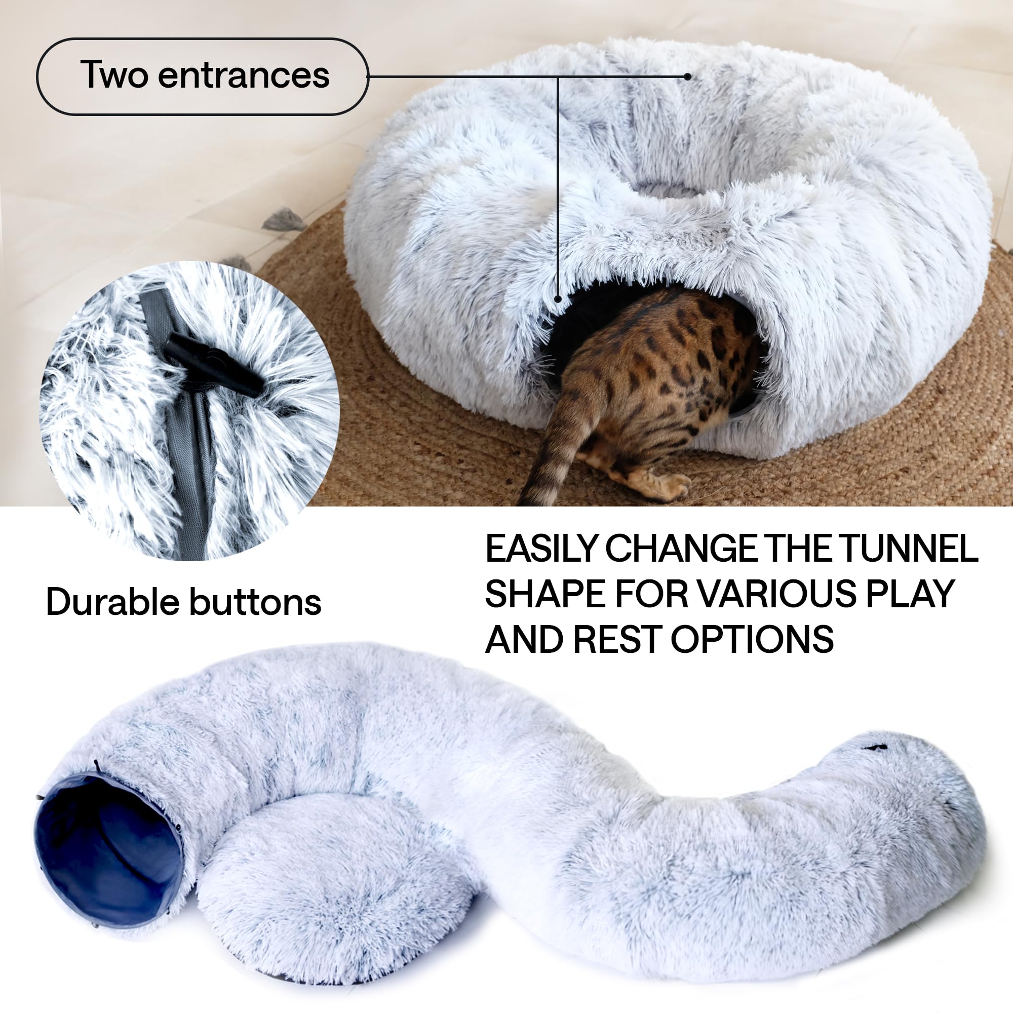 Cat Tunnel Bed – Cat Donut Tunnel Combining Cat Bed, Peekaboo Cat Cave, & Cat Tube – Cat Cave Bed with Cat Toys for Indoor Cats Included – Cat Tunnels for Indoor Cats Large, 1 Lazer Paw, 1 Ball