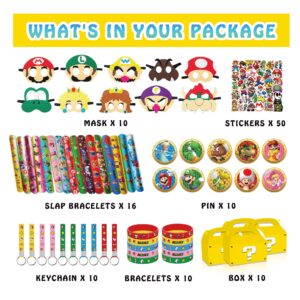 coayhel 115 PCS Birthday Party Favor Supplies, Birthday Party Decorations Set Includes 50 Stickers, 15 Slap Bracelets, 10 Bracelets, 10 Button Pins, 10 Key chains, 10 Box, 10 Mask, mmfavor2024