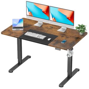 woka electric height adjustable electric standing desk, 55 x 28 inch sit stand desk with memory controllers, stand up desk for home office, rustic brown and black tabletop