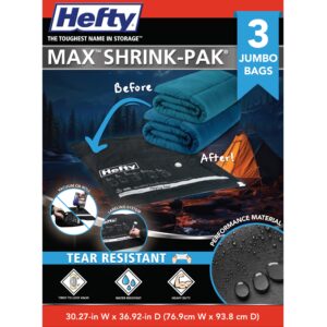 hefty max shrink-pak vacuum storage bags – max strength tear-proof bags for clothes, pillows, towels, blankets & more – space saver suction sealer bags for home – 3 jumbo, 30 x 36 inches