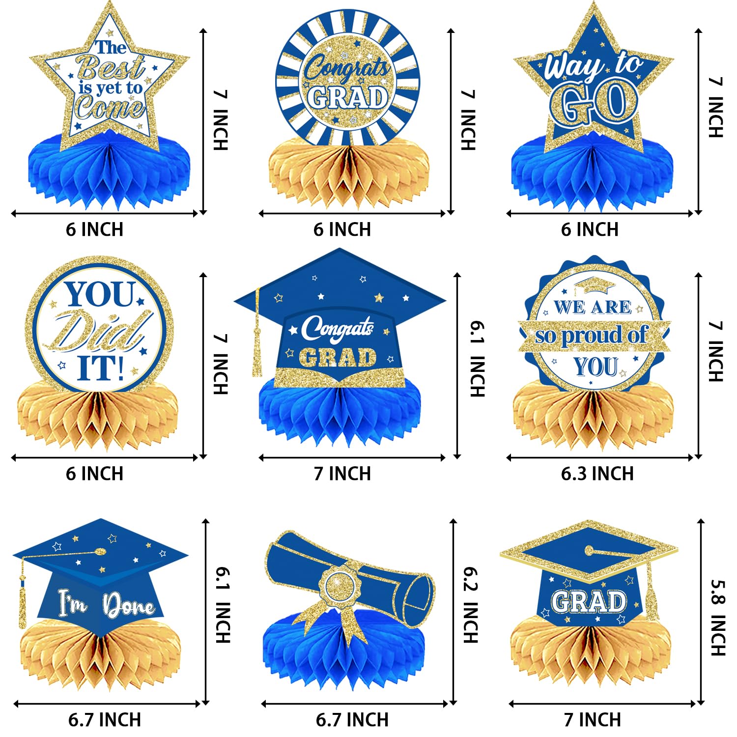 9 pieces of graduation party decoration Class of 2024 Congrats Graduation Honeycomb Centerpieces,Graduation，Congratulations Graduation honeycomb desktop decoration (Blue gold)