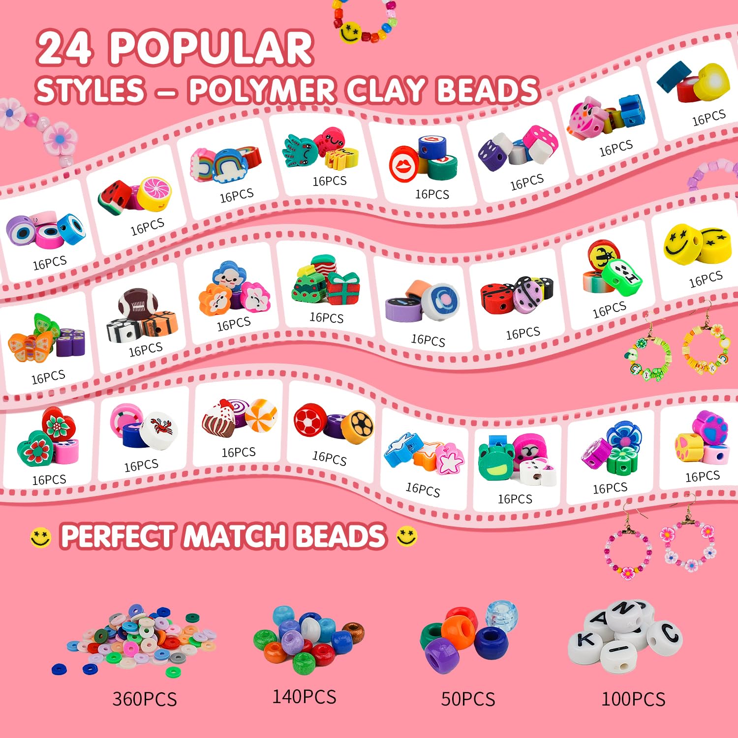 Gionlion 1000PCS Polymer Clay Beads Bracelet Making kit, 30 Style Cute Fun Fruit Flower Rainbow Butterfly Animal Heart Star Beads Charms for Jewelry Necklace Making Christmas Gift for Girls