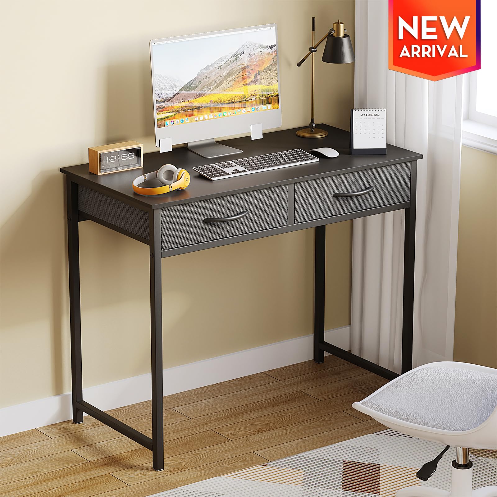 WOHOMO Small Computer Desk with Drawers, 31.5 Inch Black Vanity Desk with Storage, Home Office Computer Desk for Small Spaces, Modern Work Writing Study Table, Black