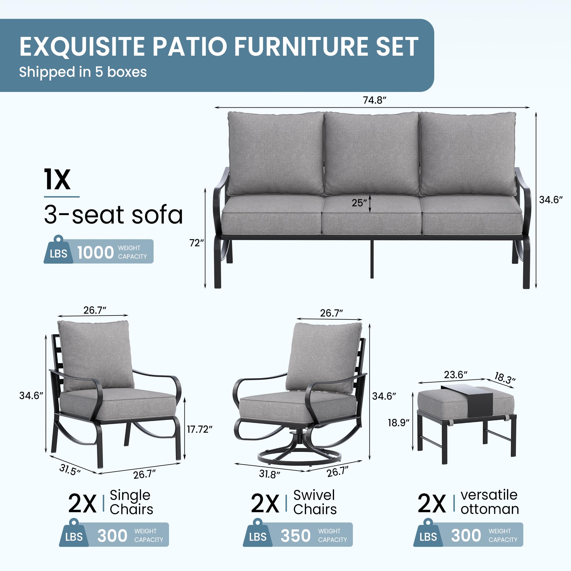 Amopatio Patio Furniture Set, 7 Pieces Metal Outdoor Furniture, Patio Conversation Sofa Sets with 5.75" Extra Thick Cushion for Backyard Deck, Grey（Include Waterproof Covers ）