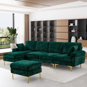 OUYESSIR U-Shaped Sectional Sofa for Living Room, 4 Seat Velvet Sofa Set Convertible L-Shaped Couch Set with Chaise Lounge, Ottoman and Pillows,114 inches (Emerald Green)