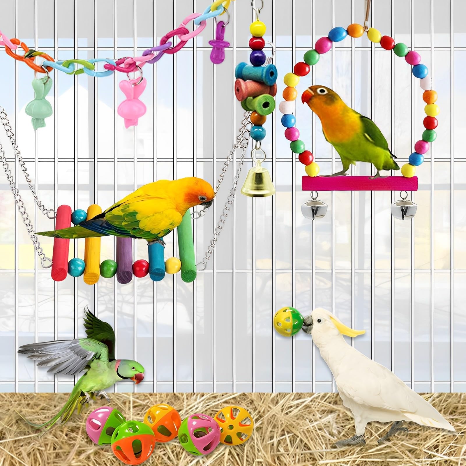 Bird Toys Parakeet Cage Accessories: 11pcs Bird Toy Swing Set for Bird Cage - Colorful Natural Toys Suitable for Parrot Cockatiel Budgie Conure Mynah Lovebird