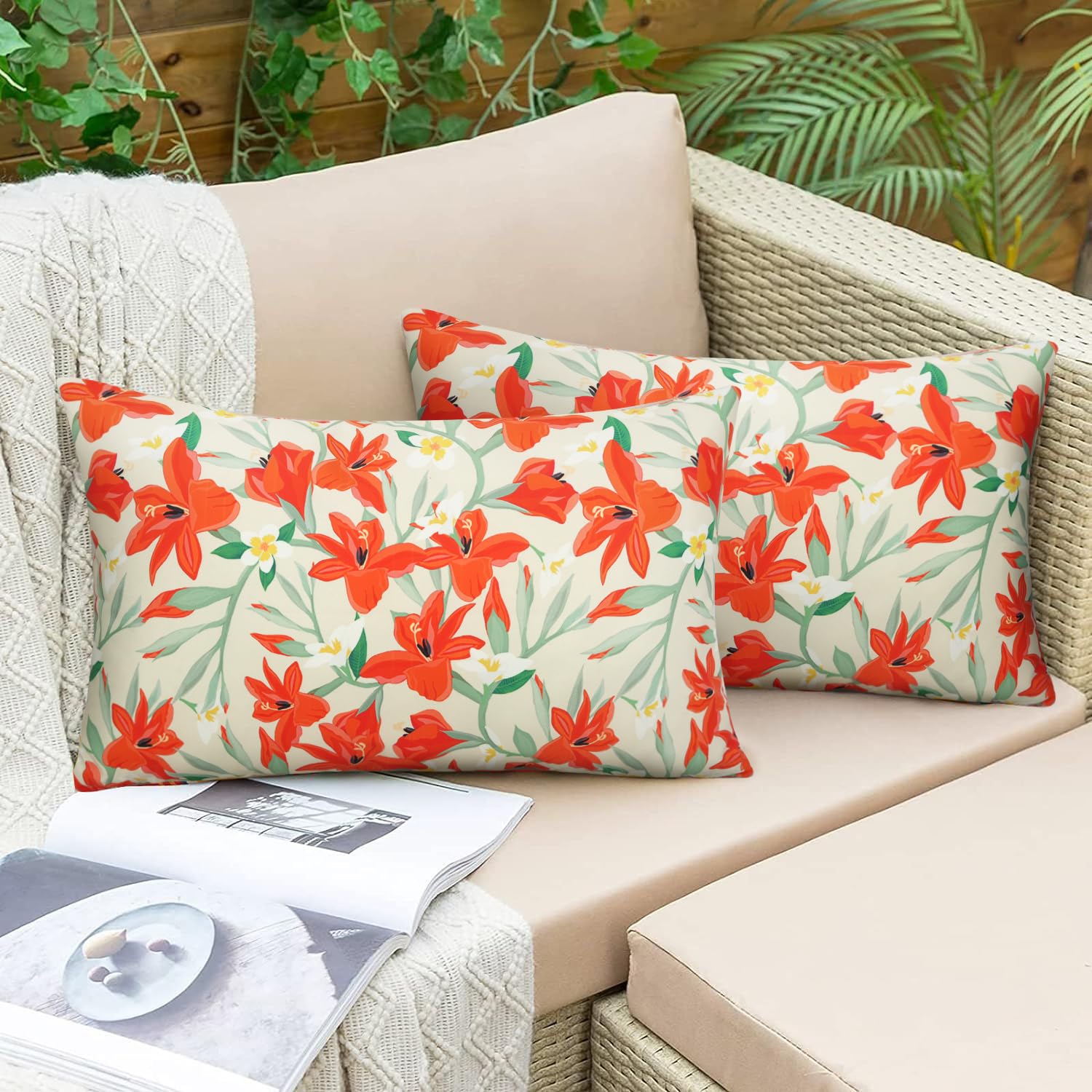 Pyonic Outdoor Pillows Cover Pack of 2 Floral Waterproof Throw Pillow Covers 12X20 inch Outdoor Lumbar Pillows for Patio Furniture Garden Outdoor Waterproof Throw Pillows