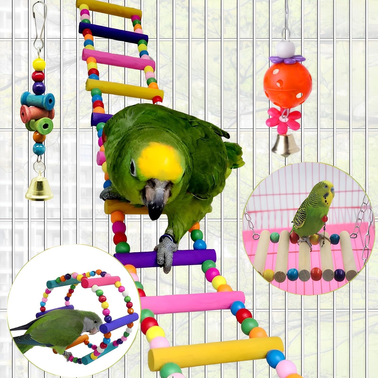 Bird Toys Parakeet Cage Accessories: 11pcs Bird Toy Swing Set for Bird Cage - Colorful Natural Toys Suitable for Parrot Cockatiel Budgie Conure Mynah Lovebird