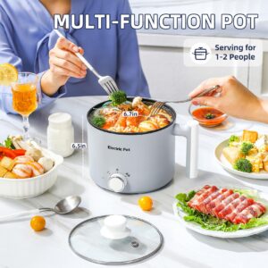 YOOLYQI Electric Hot Pot:1.5 L Ramen Cooker, Dual Power Mini Portable Multi-Functional Lazy Pot for Pasta, Noodles, Egg, Soup, Non-Stick Noodle Cooker with Boil Dry Protection for Dorm, Office (Grey)