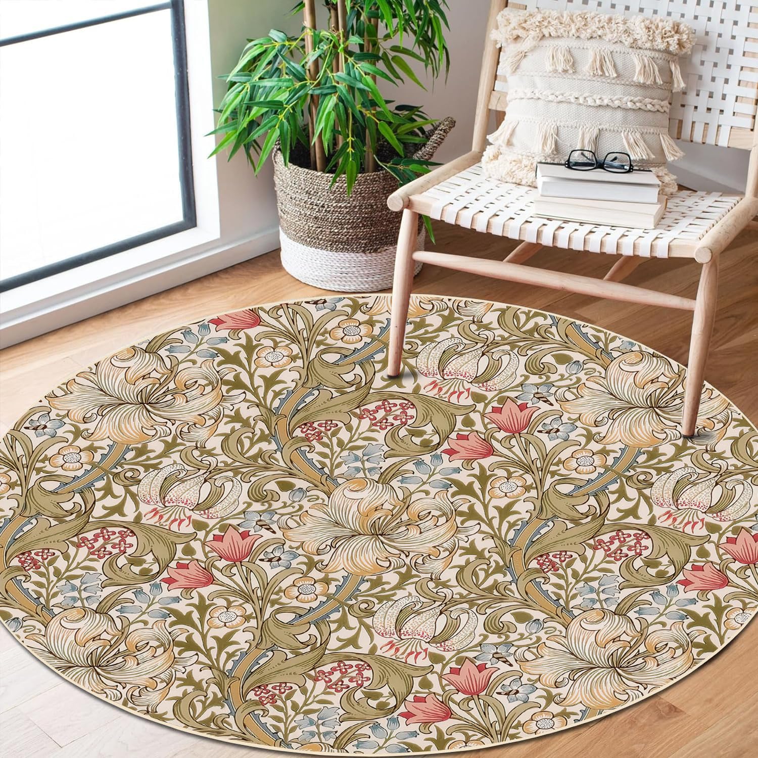 Ansouyi William Morris Non-Slip Area Rugs, Washable Rug Carpet for Living Room Home Decor Rugs for Game Room Classroom Bedroom Dining Kindergarten Room (William Morris, 5ft Round)