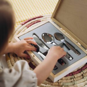 LAUBLUST Personalized Flatware Utensils Set - New Rainbow - Engraved with Name | New Born Baby, Toddler Gift - Natural Wooden Box & Spoons and Forks Stainless-Steel 4 pcs | Made & Shipped from Germany