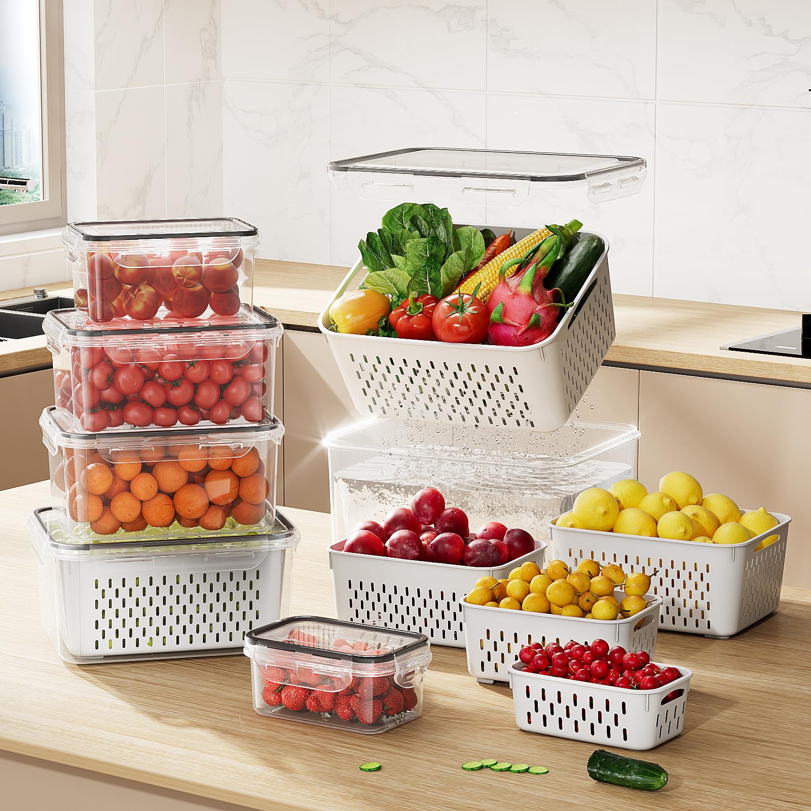 6 PCS Large Fruit Storage Containers for Fridge, Airtight Food Storage Containers with Removable Colander, Dishwasher & Microwave Safe, Berries Containers Keep Vegetables, Fruits Fresh Longer