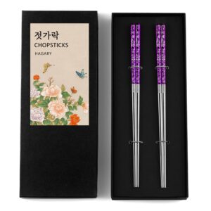 peony and butterfly chopsticks metal chopsticks reusable designed in korea japanese style stainless steel 316 18/10 non-slip dishwasher safe laser etched 2 pairs purple