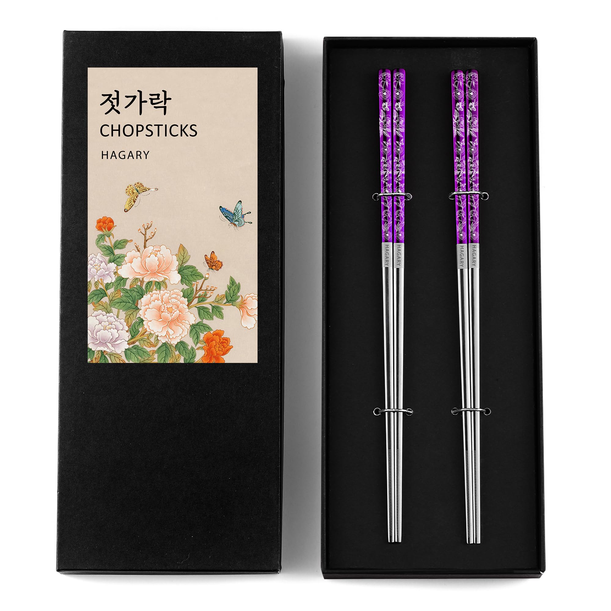 Peony and Butterfly Chopsticks Metal Chopsticks Reusable Designed in Korea Japanese Style Stainless Steel 316 18/10 Non-Slip Dishwasher Safe Laser Etched 2 Pairs Purple