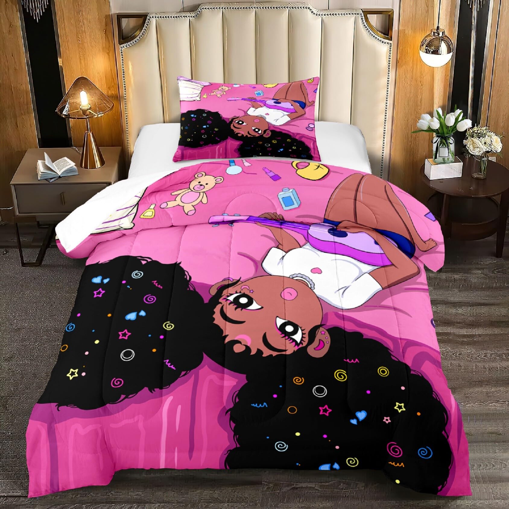 Jiospet Black Girl Magic Comforter Twin Set - African American Girls Twin Comforter Sets Black Girls Twin Bedding Sets for Bedroom Decor Pink Kids Twin Comforter, 1 Comforter+1 Pillowcase