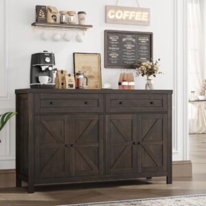 HOSTACK 55" Buffet Sideboard Cabinet with Storage, Modern Farmhouse Coffee Bar Cabinet with Drawers and Shelves, Barn Doors Storage Cabinet for Kitchen, Living Room, Dark Brown