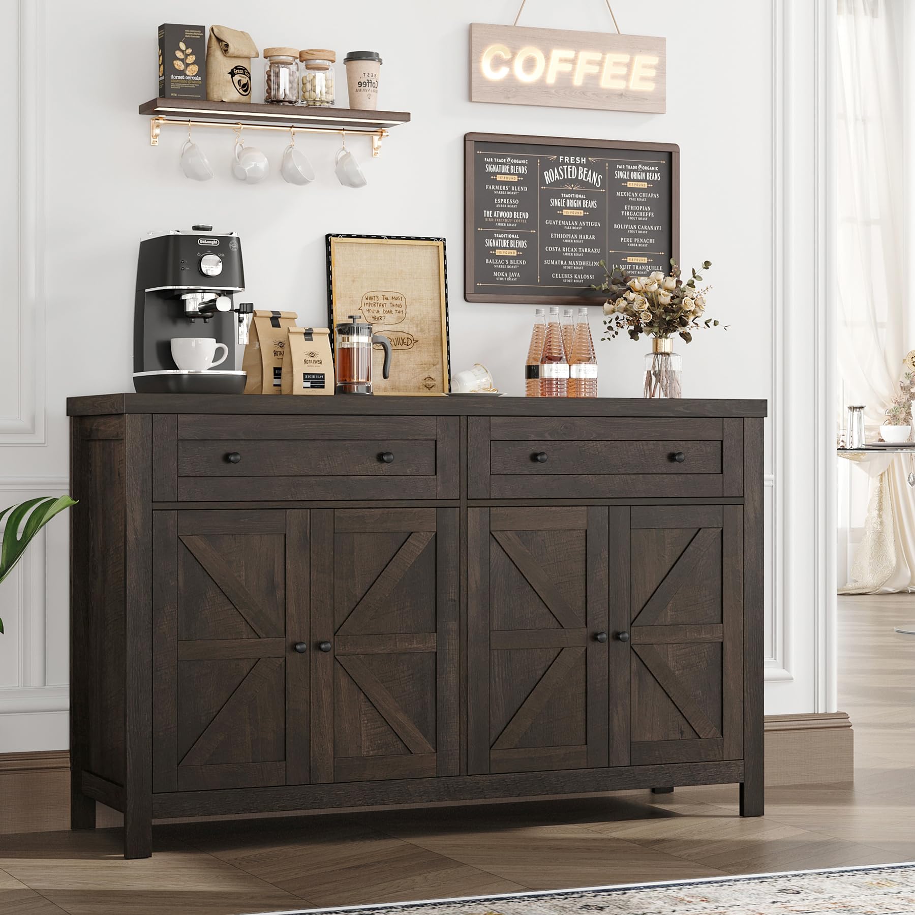 HOSTACK 55" Buffet Sideboard Cabinet with Storage, Modern Farmhouse Coffee Bar Cabinet with Drawers and Shelves, Barn Doors Storage Cabinet for Kitchen, Living Room, Dark Brown