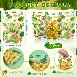 Pasimy 60 Pcs Jungle Animal Treat Bags Green Gold Safari Animal Palm Leaves Plastic Candy Goodie Bags with Handle for Two Wild Jungle Birthday Party Baby Shower Favors Supplies, 6 Design