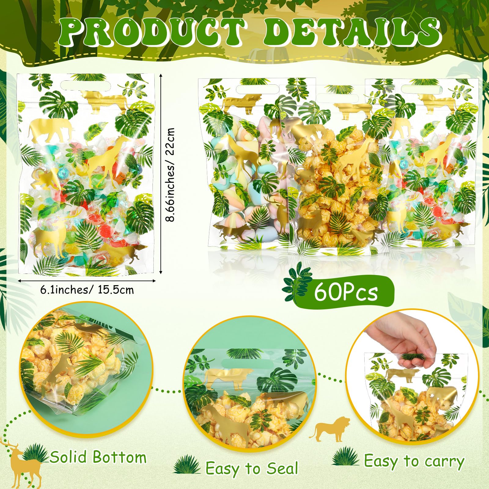 Pasimy 60 Pcs Jungle Animal Treat Bags Green Gold Safari Animal Palm Leaves Plastic Candy Goodie Bags with Handle for Two Wild Jungle Birthday Party Baby Shower Favors Supplies, 6 Design