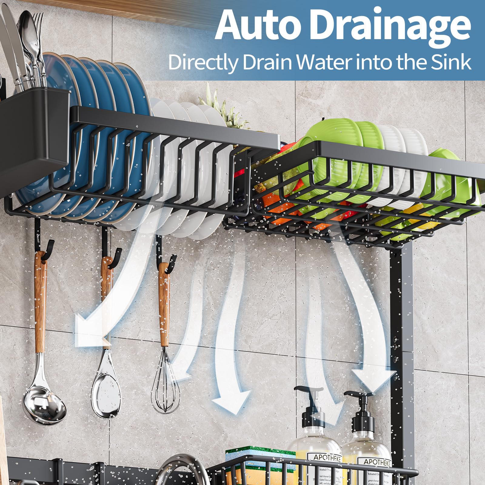 Urackify Over The Sink Dish Drainer Drying Rack, Adjustable (25.19"-37.4") Over Sink Dish Drying Rack, Extra Large Extendable Dish Rack Above Kitchen Sink, 2 Tier Dish Strainer with Storage Basket