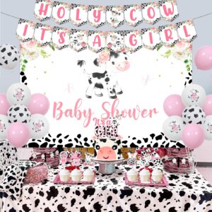 Pink Cow Baby Shower Decorations - Pink Cow Baby Shower Backdrop, Holy Cow It’s a Girl Banner, Cow Theme Cake Cupcake Toppers, Cow Print Balloons for Farm Animal Cow Themed Baby Shower Decorations