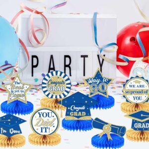 9 pieces of graduation party decoration Class of 2024 Congrats Graduation Honeycomb Centerpieces,Graduation，Congratulations Graduation honeycomb desktop decoration (Blue gold)