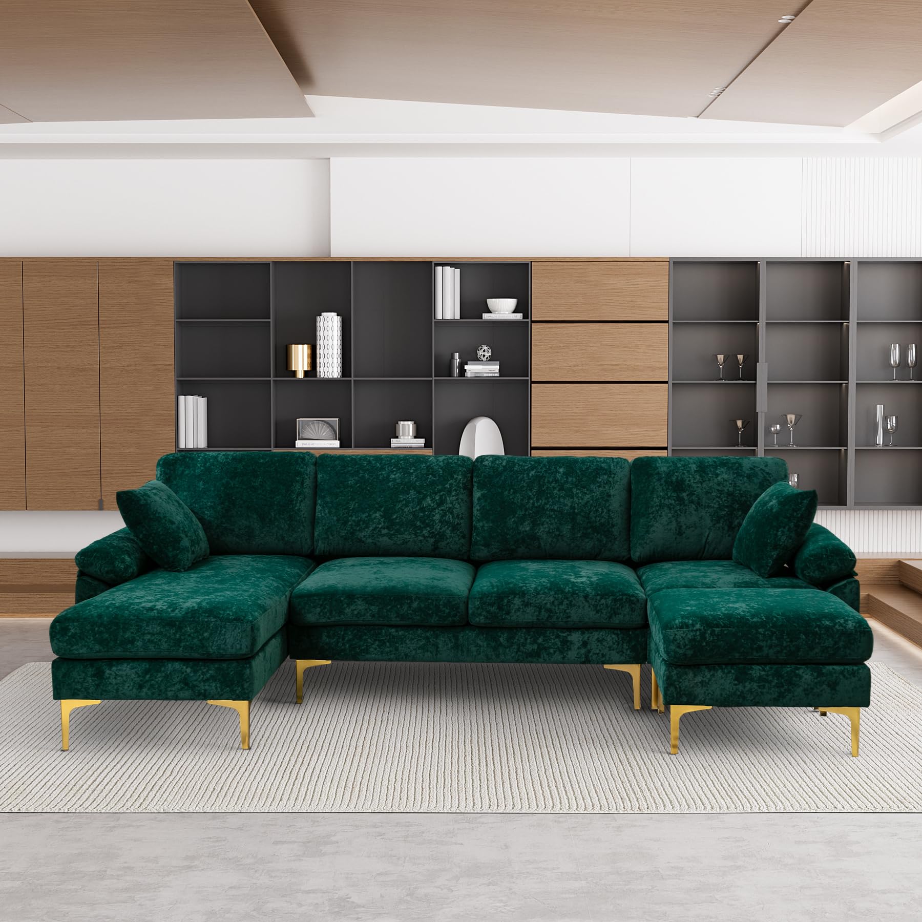 OUYESSIR U-Shaped Sectional Sofa for Living Room, 4 Seat Velvet Sofa Set Convertible L-Shaped Couch Set with Chaise Lounge, Ottoman and Pillows,114 inches (Emerald Green)