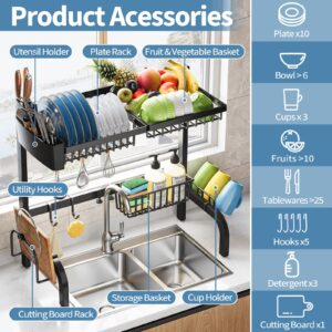 Urackify Over The Sink Dish Drainer Drying Rack, Adjustable (25.19"-37.4") Over Sink Dish Drying Rack, Extra Large Extendable Dish Rack Above Kitchen Sink, 2 Tier Dish Strainer with Storage Basket