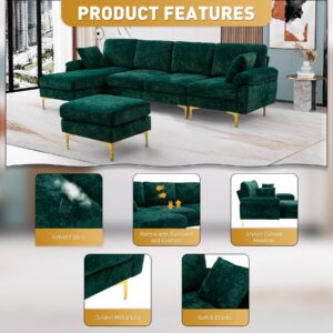 OUYESSIR U-Shaped Sectional Sofa for Living Room, 4 Seat Velvet Sofa Set Convertible L-Shaped Couch Set with Chaise Lounge, Ottoman and Pillows,114 inches (Emerald Green)