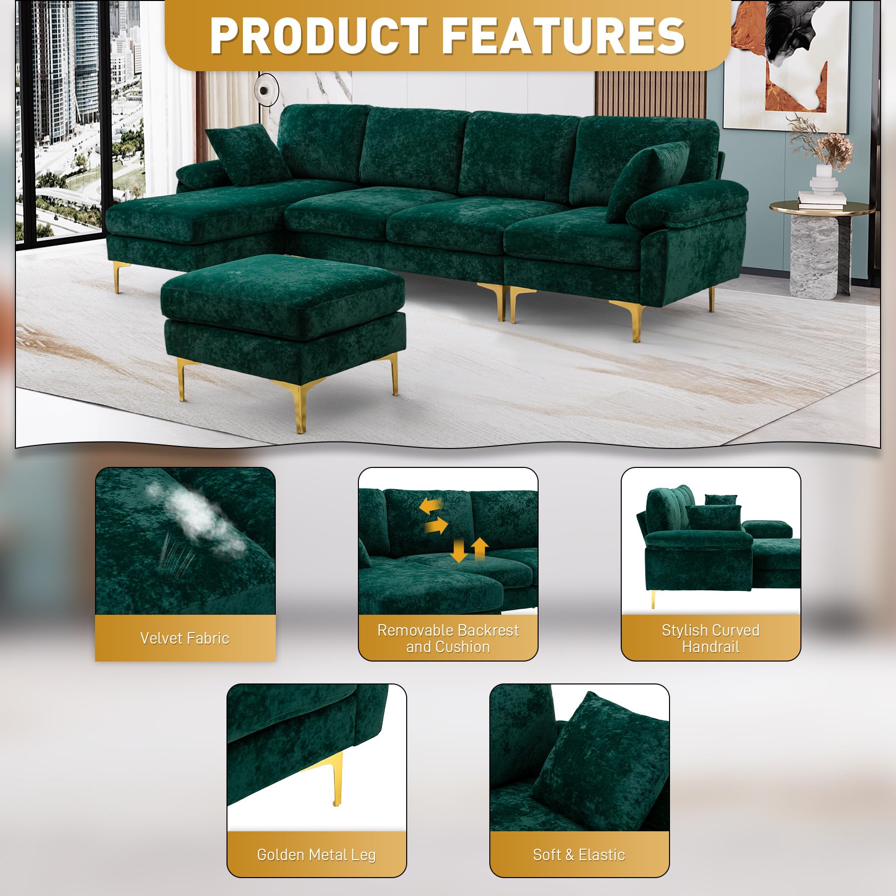 OUYESSIR U-Shaped Sectional Sofa for Living Room, 4 Seat Velvet Sofa Set Convertible L-Shaped Couch Set with Chaise Lounge, Ottoman and Pillows,114 inches (Emerald Green)