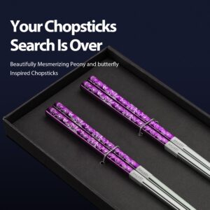 Peony and Butterfly Chopsticks Metal Chopsticks Reusable Designed in Korea Japanese Style Stainless Steel 316 18/10 Non-Slip Dishwasher Safe Laser Etched 2 Pairs Purple