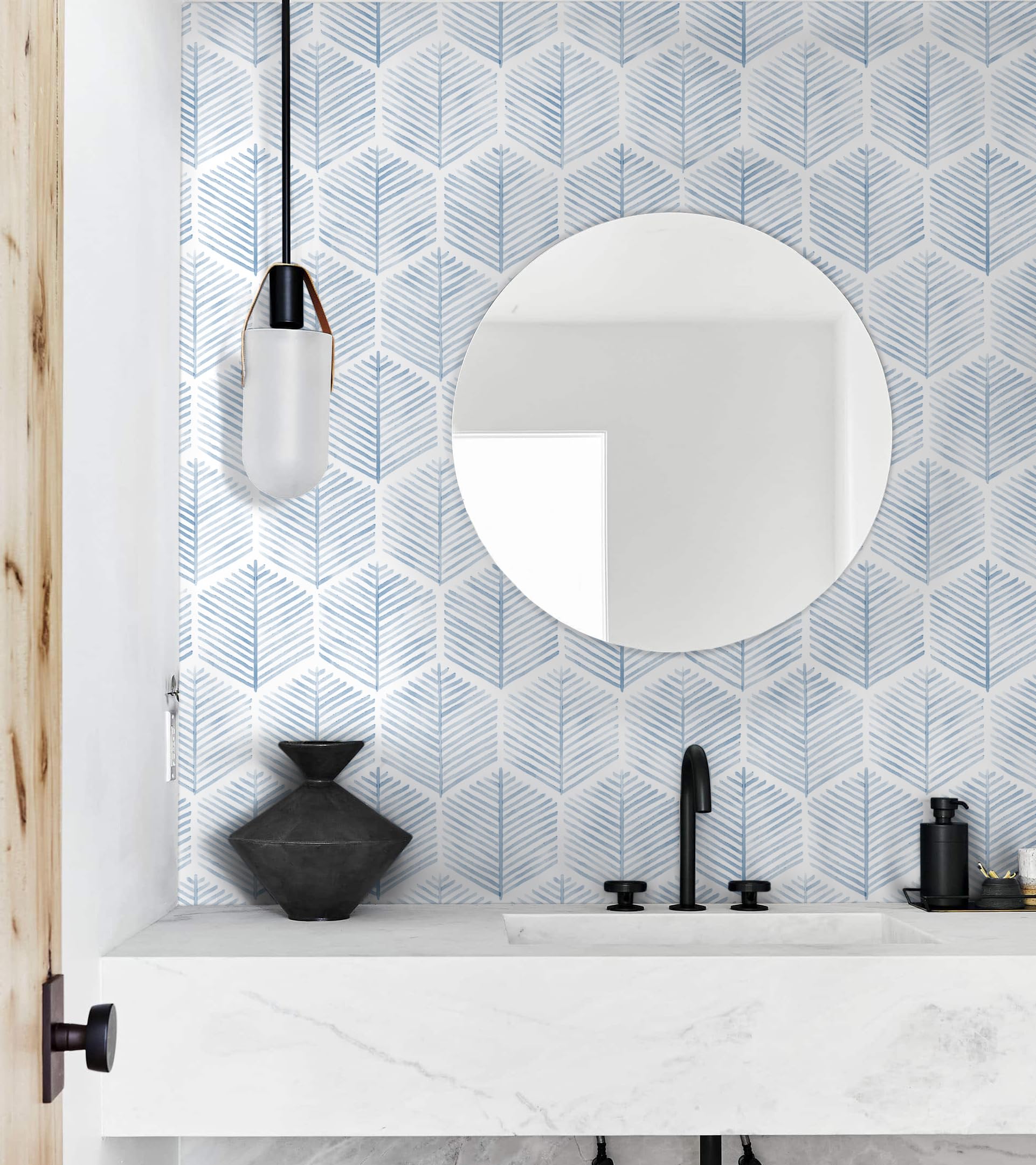 MelunMer Modern Peel and Stick Wallpaper Boho Contact Paper for Cabinets and Drawers Self Adhesive Wallpaper Removable Wallpaper for Bedroom Geometric Wallpaper for Bathroom Blue/White 17.3''×78.8''