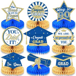 9 pieces of graduation party decoration class of 2024 congrats graduation honeycomb centerpieces,graduation，congratulations graduation honeycomb desktop decoration (blue gold)