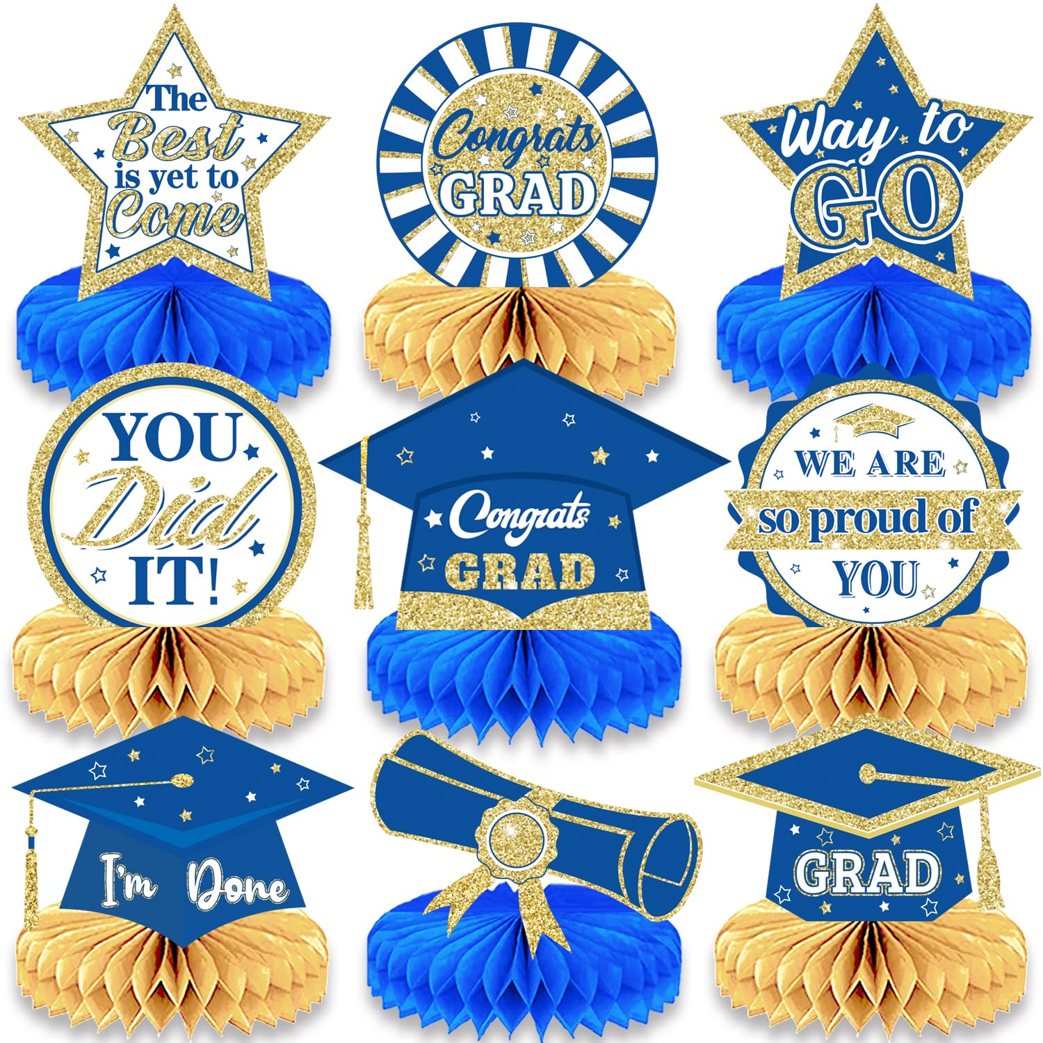 9 pieces of graduation party decoration Class of 2024 Congrats Graduation Honeycomb Centerpieces,Graduation，Congratulations Graduation honeycomb desktop decoration (Blue gold)