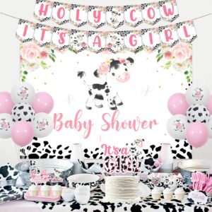 Pink Cow Baby Shower Decorations - Pink Cow Baby Shower Backdrop, Holy Cow It’s a Girl Banner, Cow Theme Cake Cupcake Toppers, Cow Print Balloons for Farm Animal Cow Themed Baby Shower Decorations